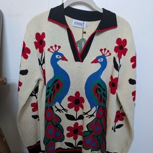 OXKNT Cream V-Neck Sweater with Peacock and Floral Design